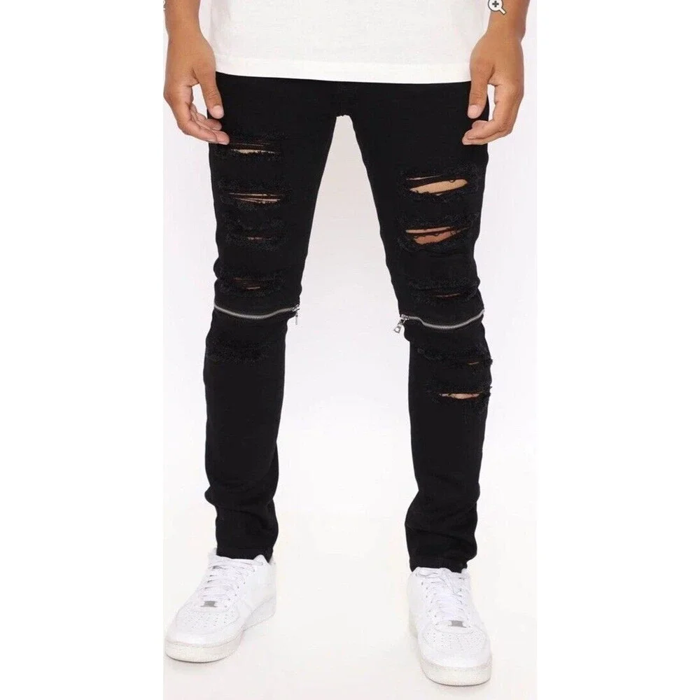 Fashion Nova Men Black Distressed Skinny Jeans Zip Knee Stretch Size 38x31